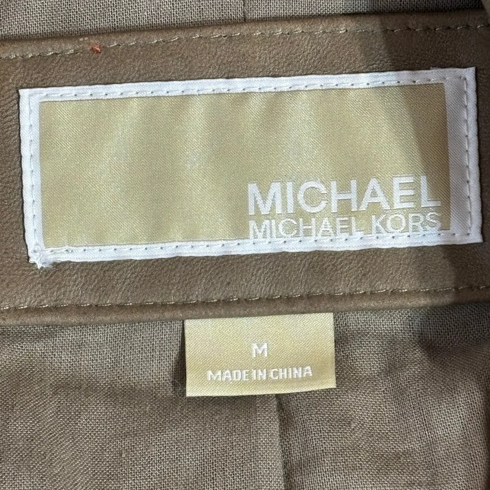 Michael Kors Brown Leather Cotton Moto Jacket Women’s Medium Zippers Pockets